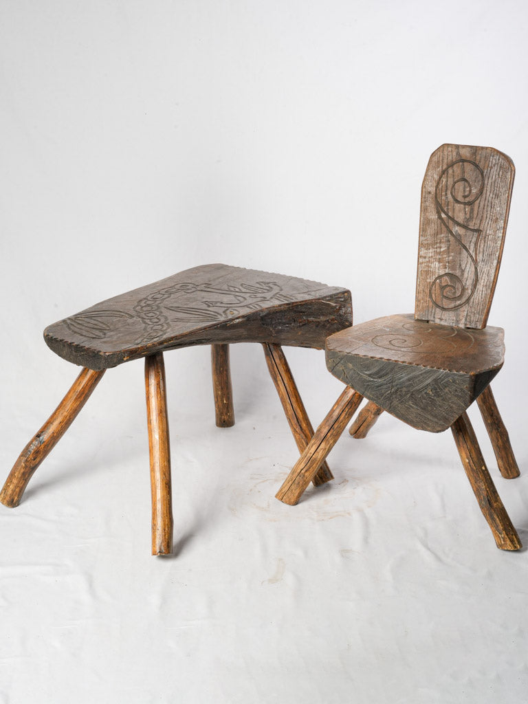 Rustic chestnut wood chair set  